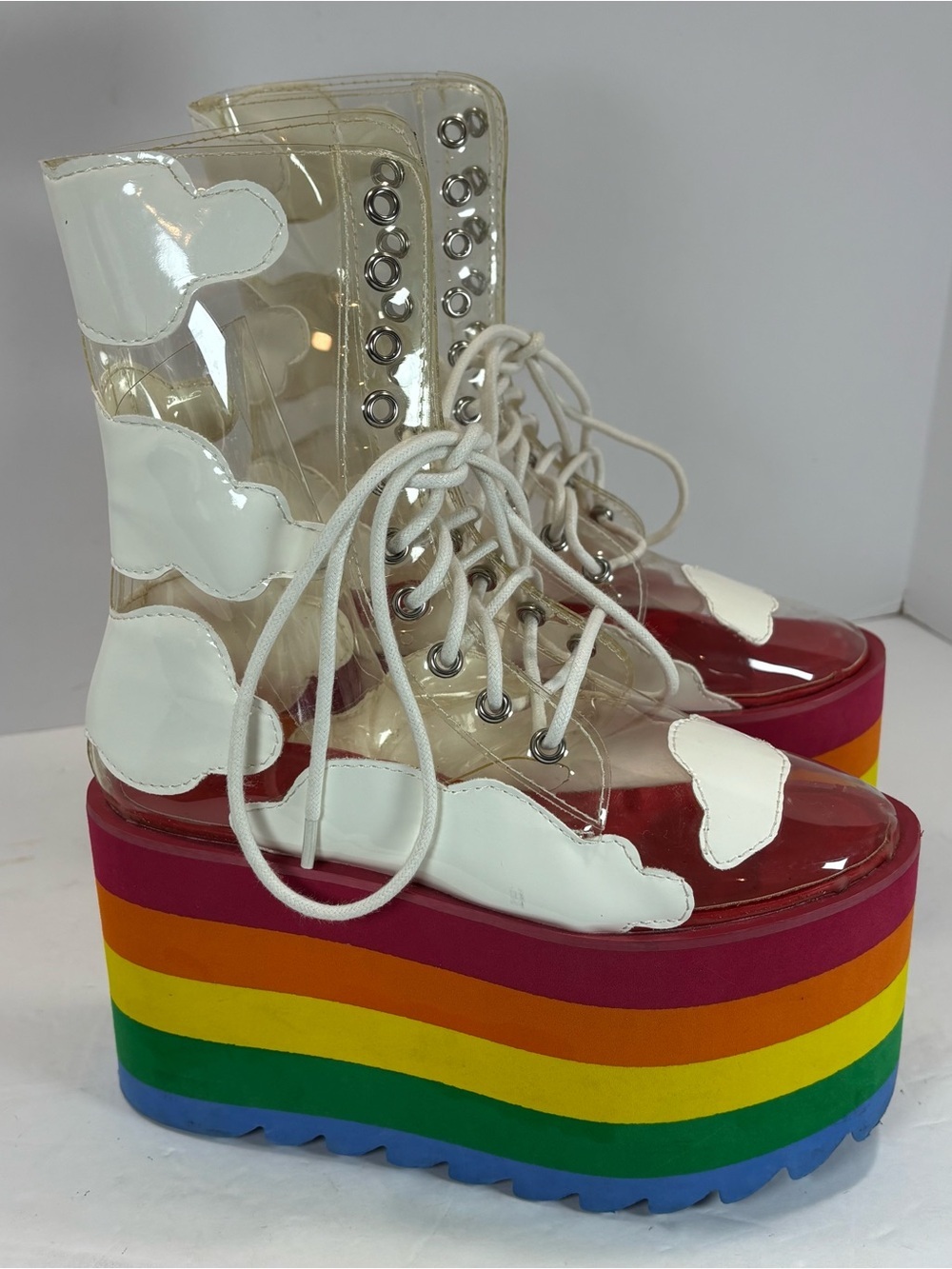 Dolls Kill Current Mood Happy Daze Rainbow Platform Clear Pride Boots Size 5 - Picture 4 of 10